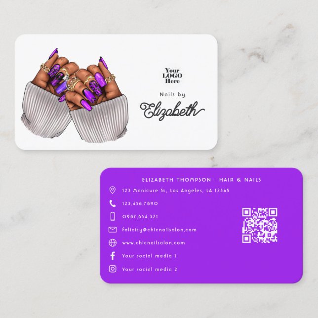 Elegant Purple African American Nail Salon Business Card (Front/Back)