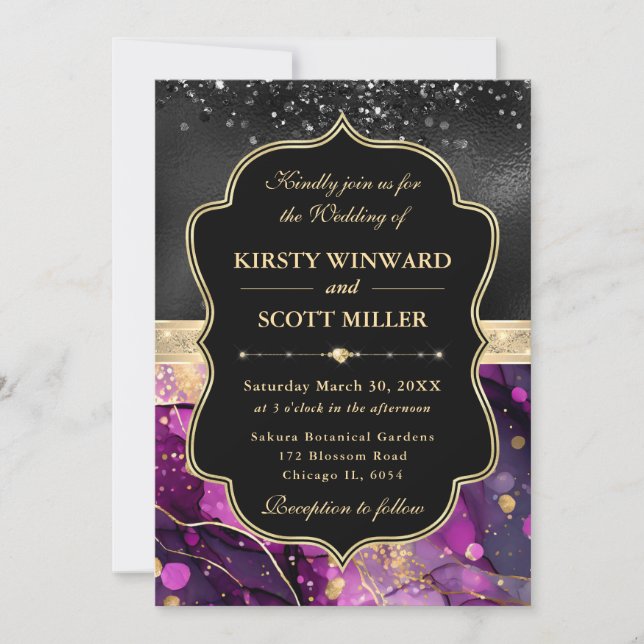 Elegant Purple Agate Black Glitter Wedding Invitation (Front)