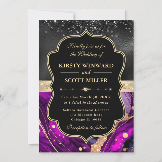 Elegant Purple Agate Black Glitter Wedding Invitation (Front)