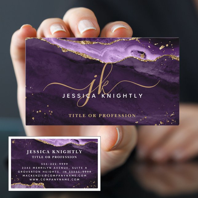 Elegant Purple Agate Gold Glitter Script Monogram Business Card (Creator Uploaded)