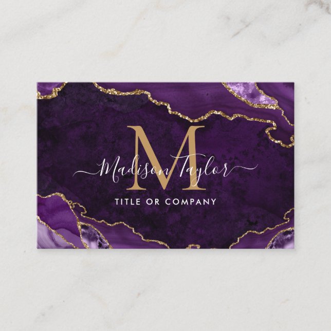 Elegant Purple Agate Gold Glitter Script Monogram Business Card (Front)