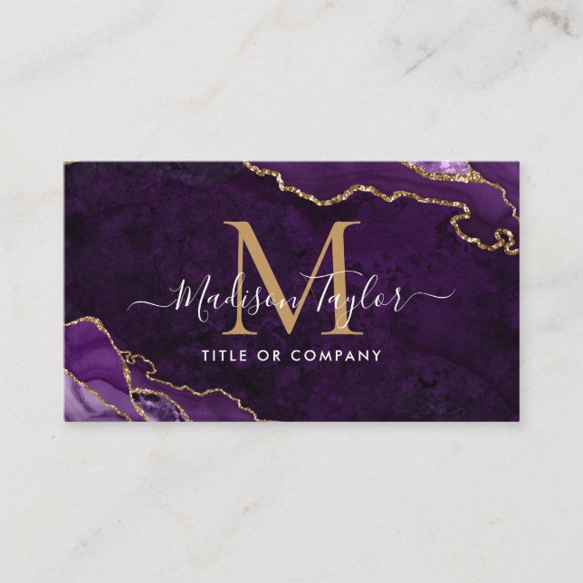 Elegant Purple Agate Gold Glitter Script Monogram Business Card (Front)