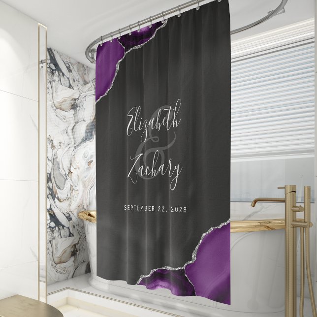 Elegant Purple Agate Silver Dark Newlywed Wedding Shower Curtain (Creator Uploaded)