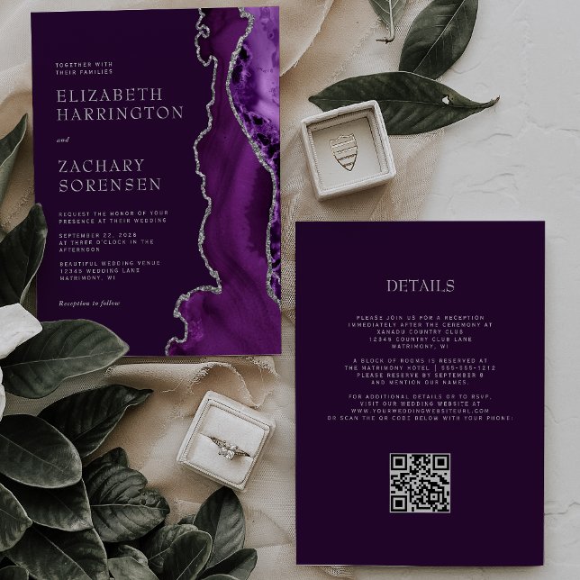 Elegant Purple Agate Silver Plum QR Code Wedding Invitation (Creator Uploaded)