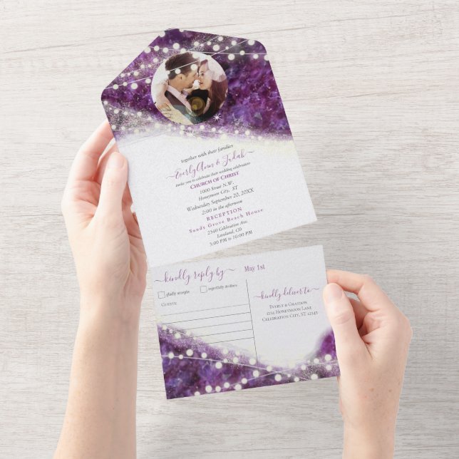 Elegant Purple Amethyst Crystal Geode Wedding All In One Invitation (Tearaway)