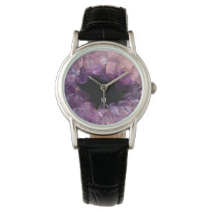 Elegant purple amethyst mineral pattern monogram watch