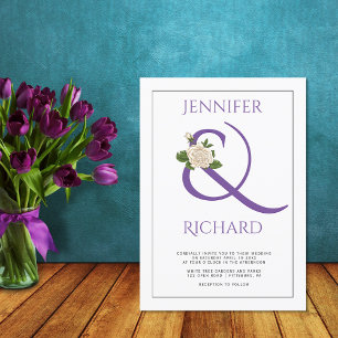 Elegant purple ampersand and white rose wedding invitation