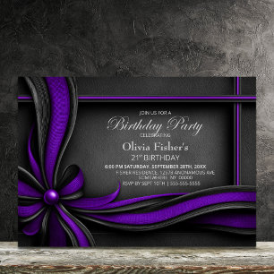 Elegant Purple and Black Bow 21st Birthday Party Invitation