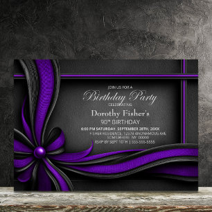 Elegant Purple and Black Bow 90th Birthday Party Invitation