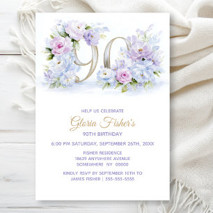 Elegant Purple and Blue Floral 90th Birthday Party Invitation