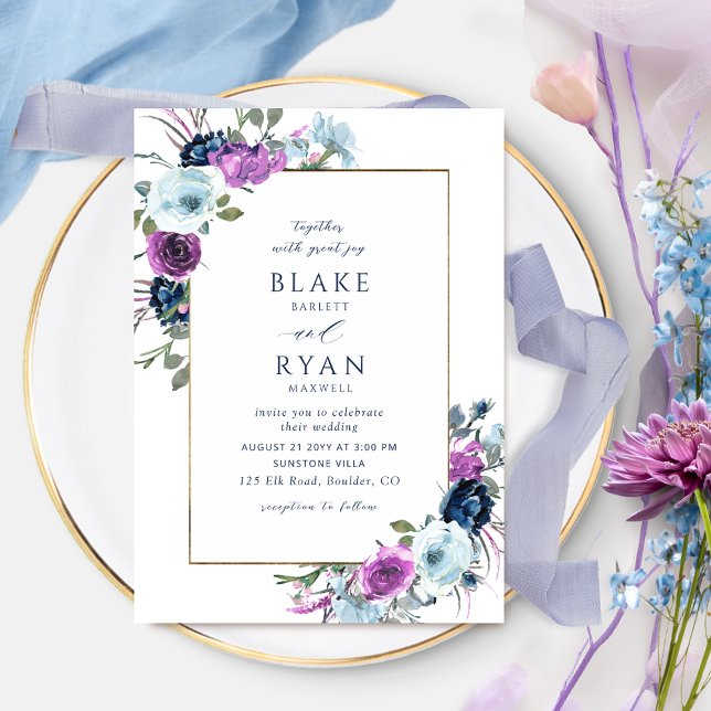 Elegant Purple and Blue Floral Frame Wedding Invit Invitation (Creator Uploaded)