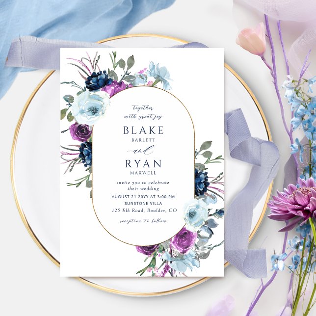 Elegant Purple and Blue Floral Oval Arch Wedding Invitation (Creator Uploaded)