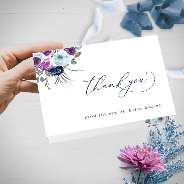 Elegant Purple and Blue Floral Wedding Folded Thank You Card (Creator Uploaded)