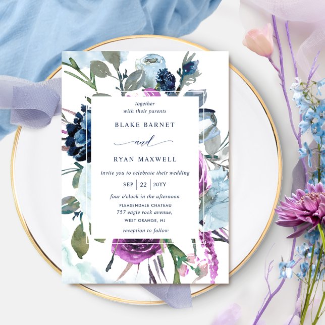 Elegant  Purple and Blue Floral Wedding Invitation (Creator Uploaded)