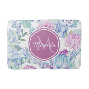 Elegant Purple and Blue Succulent Floral With Name Bath Mat