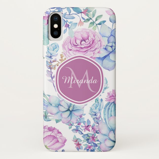 Elegant Purple and Blue Succulent Floral With Name Case-Mate iPhone Case (Back)