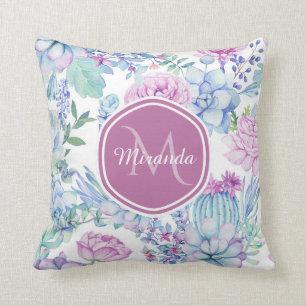 Elegant Purple and Blue Succulent Floral With Name Cushion