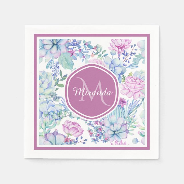 Elegant Purple and Blue Succulent Floral With Name Napkin (Front)