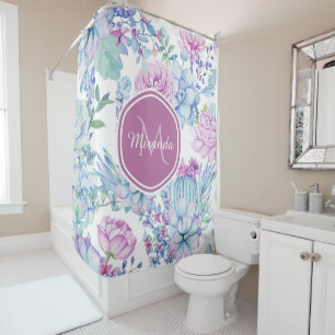 Elegant Purple and Blue Succulent Floral With Name Shower Curtain