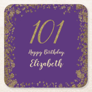 Elegant Purple and Gold 101st Birthday Square Paper Coaster
