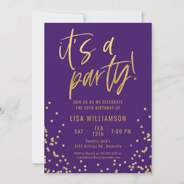 Elegant Purple and Gold 50th Birthday Party Invitation (Front)