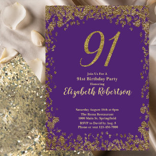 Elegant Purple and Gold 91st Birthday Invitation