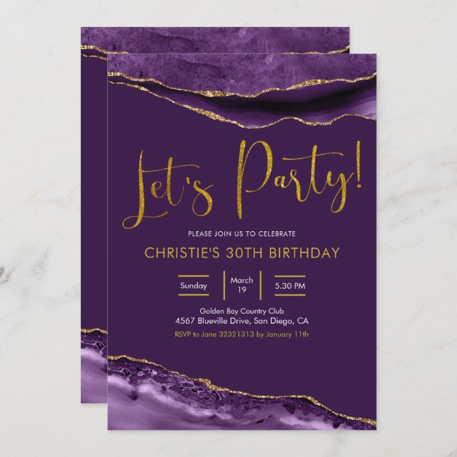 Elegant Purple and Gold Agate Let's Party Invitation (Front/Back)