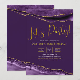 Elegant Purple and Gold Agate Let's Party Invitation