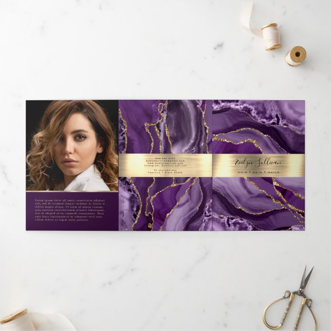 Elegant Purple and Gold Agate Trifold Brochure (Outside)