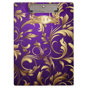Elegant Purple and Gold Damask Monogrammed Clipboard