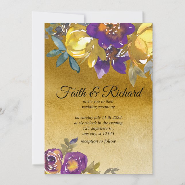 Elegant Purple and Gold Fall Wedding Invitations (Front)