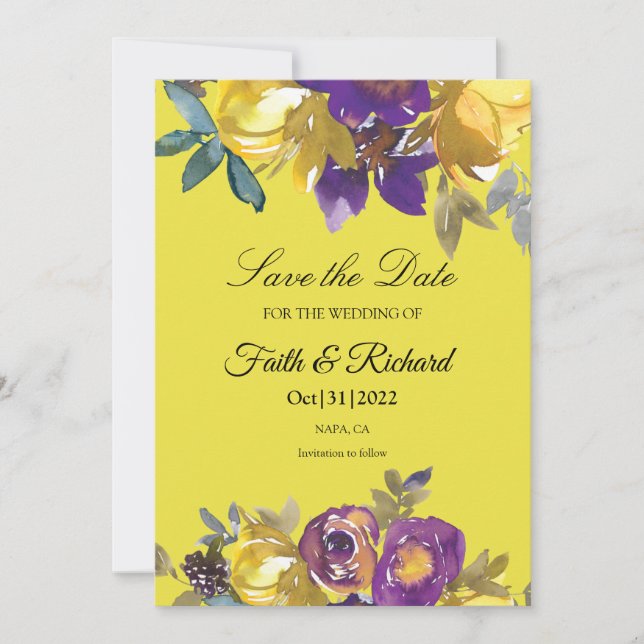 Elegant Purple and Gold Fall Wedding Save the Date (Front)