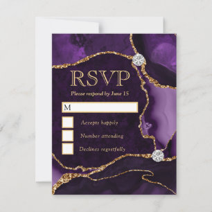 Elegant Purple and Gold Faux Glitter Marble Agate RSVP Card