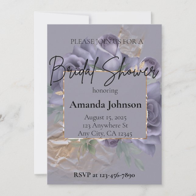 Elegant Purple and Gold Floral Bridal Shower  Invitation (Front)