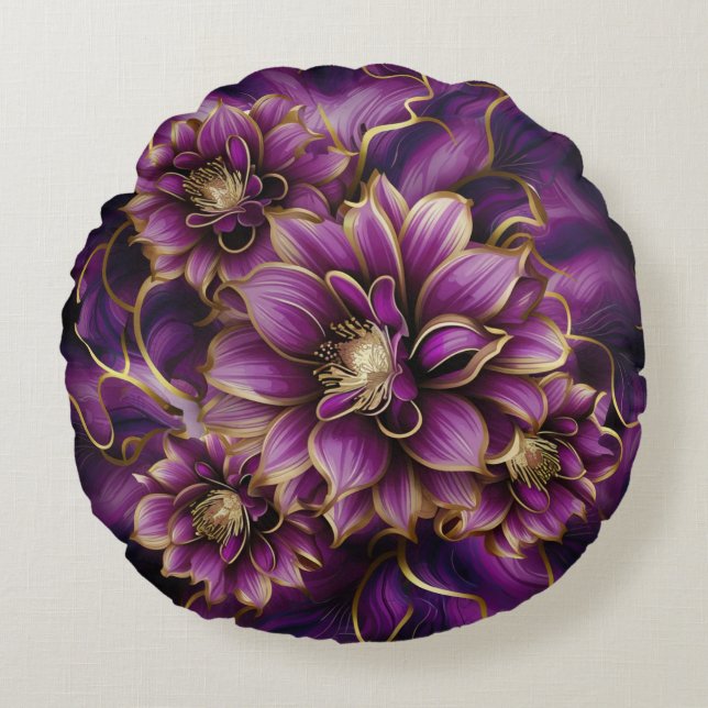 Elegant Purple and Gold Floral Pattern  Round Cushion (Front)