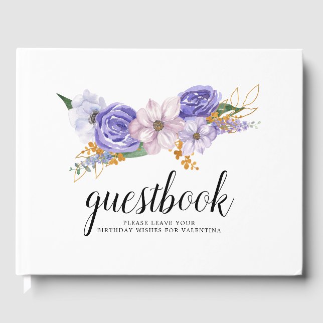 Elegant Purple and Gold Floral Quinceanera  Guest Book (Front)