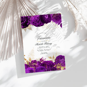 Elegant Purple and Gold Floral Quinceañera Invitation