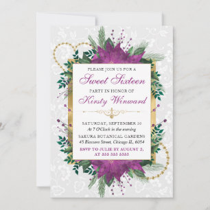 Elegant Purple and Gold Floral Sweet Sixteen Invitation