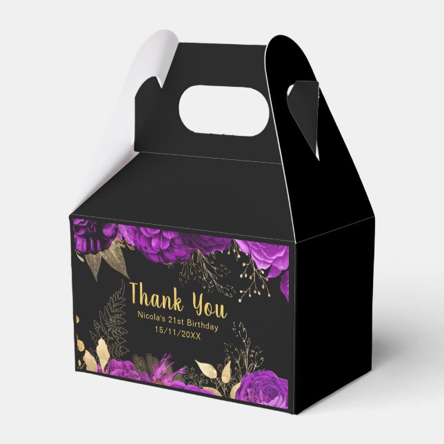 Elegant Purple and Gold Flowers Birthday Favour Box (Front Side)