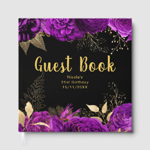Elegant Purple and Gold Flowers Birthday Party Guest Book