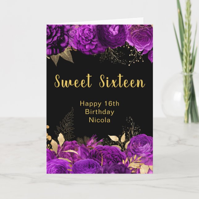Elegant Purple and Gold Flowers Sweet Sixteen Card (Front)