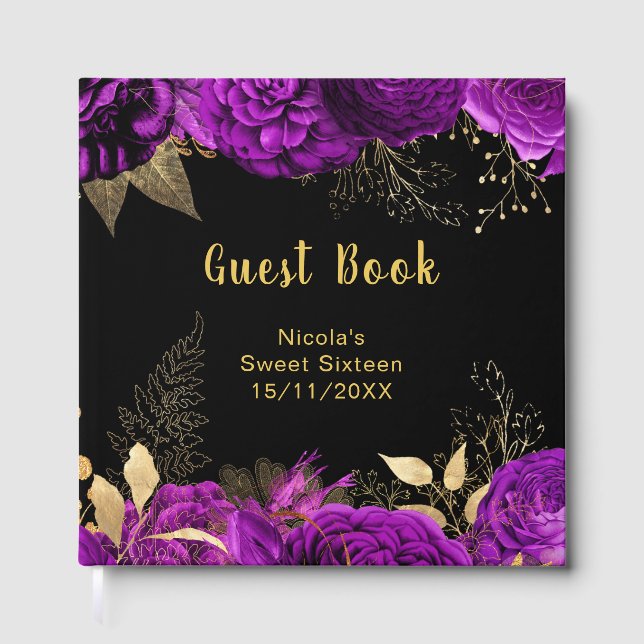 Elegant Purple and Gold Flowers Sweet Sixteen Guest Book (Front)