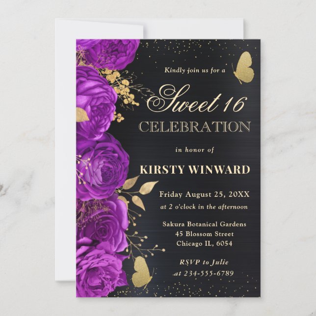 Elegant Purple and Gold Flowers Sweet Sixteen Invitation (Front)