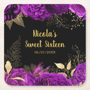 Elegant Purple and Gold Flowers Sweet Sixteen  Square Paper Coaster