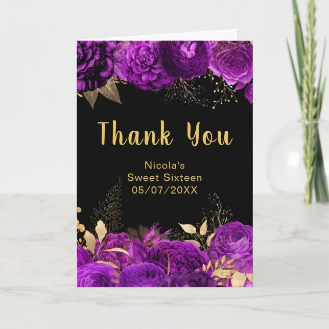 Elegant Purple and Gold Flowers Sweet Sixteen Thank You Card (Front)