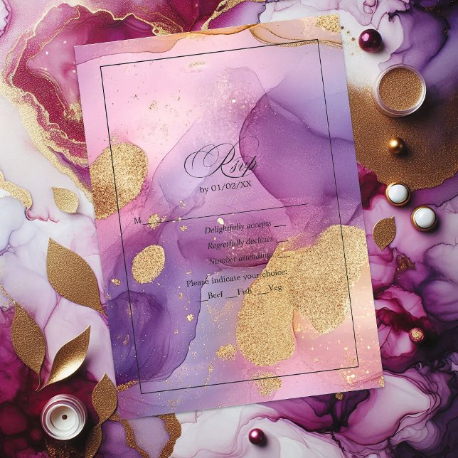 Elegant Purple and Gold Flowing Alcohol Ink RSVP Card (Elegant Purple and Gold Flowing Alcohol Ink RSVP Card)