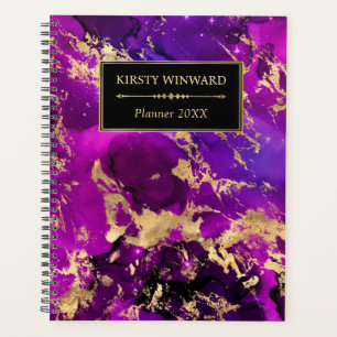 Elegant Purple and Gold Galaxy Marble Monogram Planner