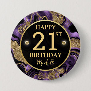 Elegant Purple and Gold Glitter Agate Birthday 7.5 Cm Round Badge