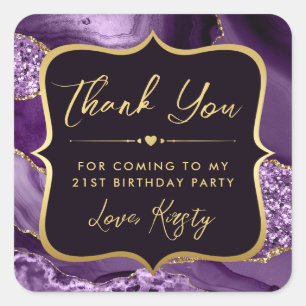 Elegant Purple and Gold Glitter Agate Birthday Square Sticker