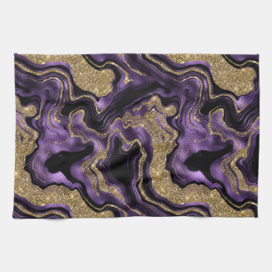 Elegant Purple and Gold Glitter Agate Pattern Tea Towel